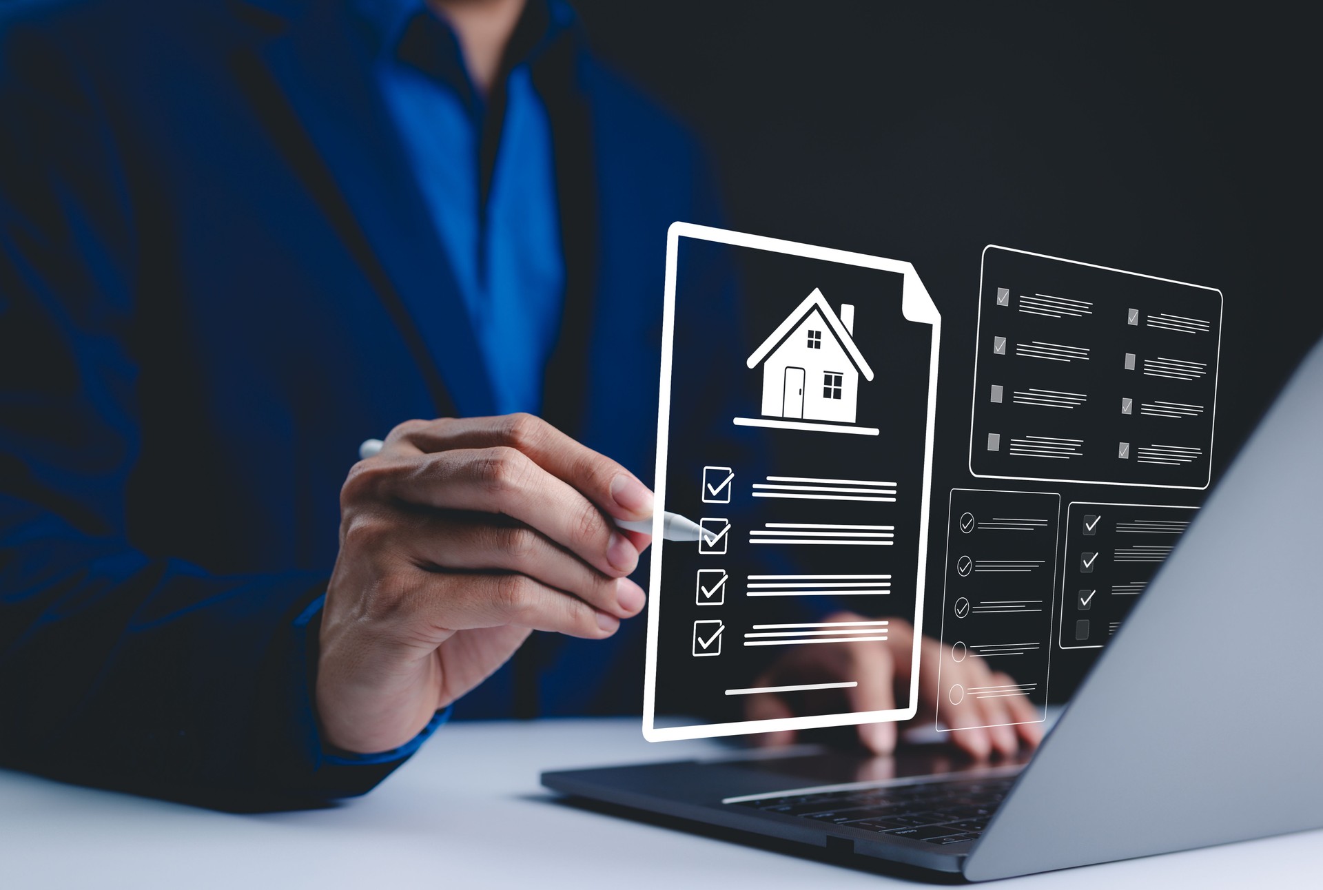 Real estate analysis and checklist for business management concepts, mortgage loans, home insurance, and real property. Buy and sell houses and real estate online as part of the real estate business.